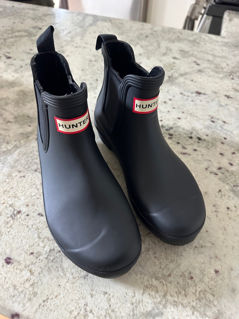 Hunter Kids Black Chelsea Rain Boots with Red Logo